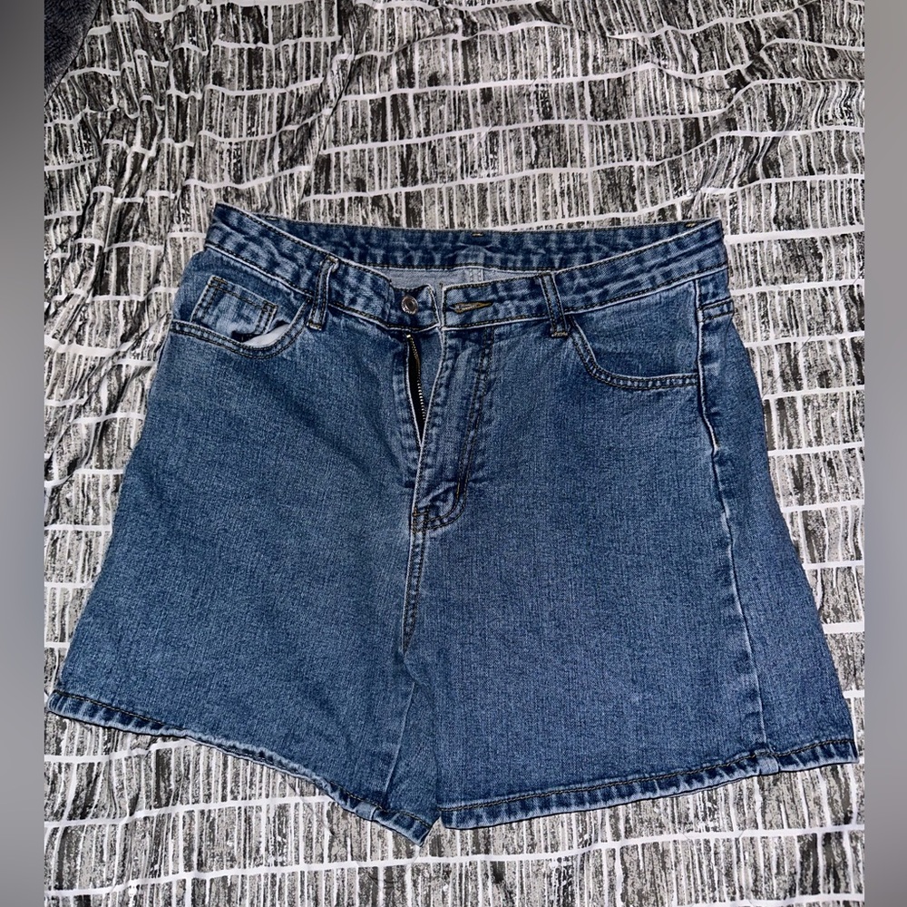 Washed denim biker shorts